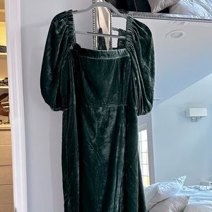 J. crew brand midi puff sleeve velvet dress in old forest color
